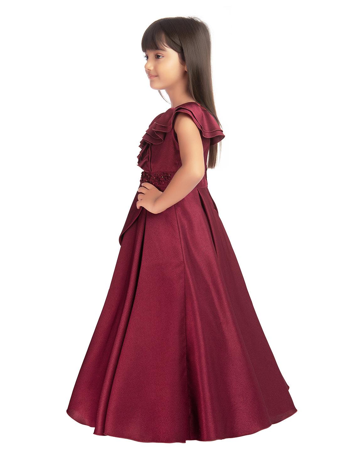 Frock style Cotton fabric Burgundy color Leheriya Gown with Thread,  Sequence & Mirror work