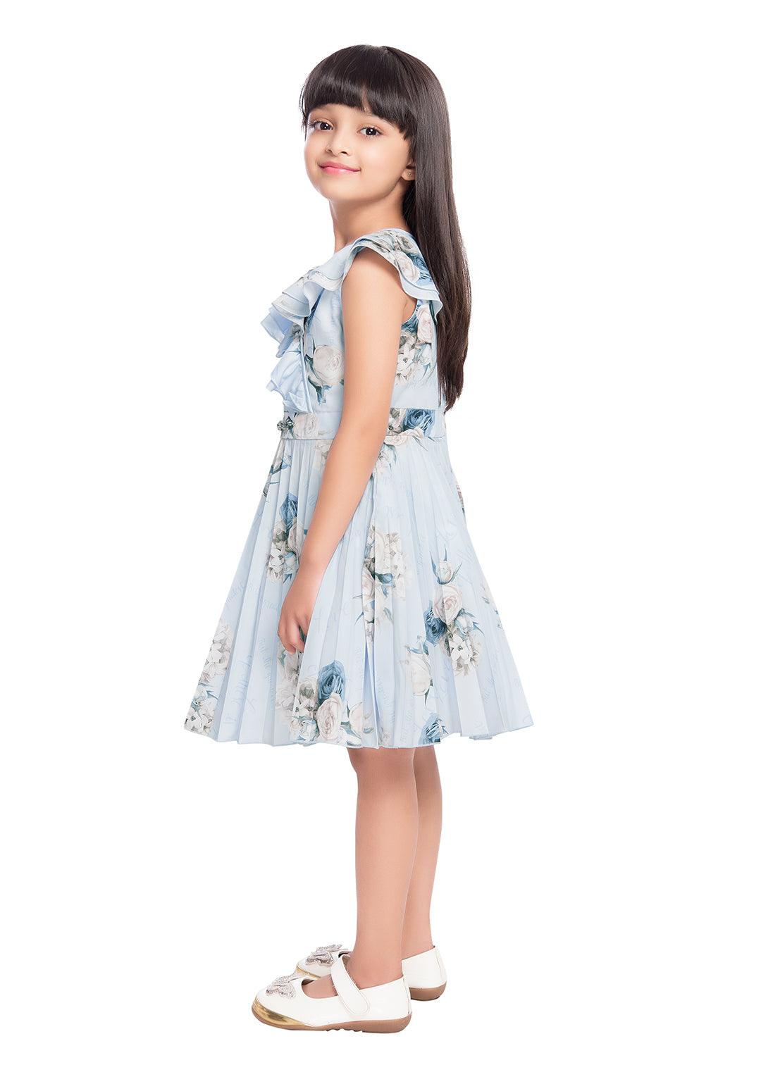 Floral Sky Blue Knee Length Dress - 2000-Sky Blue - TINY BABY INDIA shop.tinybaby.in